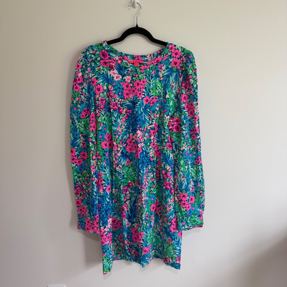 Lilly Pulitzer XXL Etta Long Sleeve Dress Blue Pink Floral Cotton Modal Spandex